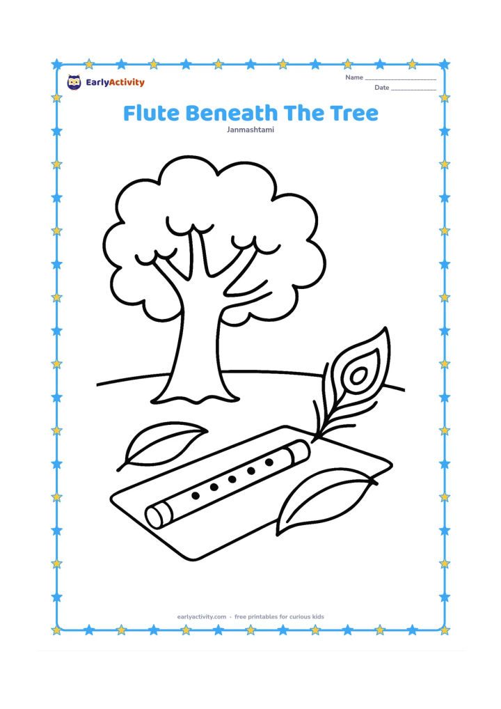 Colouring page: Draw a simple flute lying on a mat beneath a broad tree, with a peacock feather and two large fallen leaves beside it. Leave open sky and ground areas for free colouring.