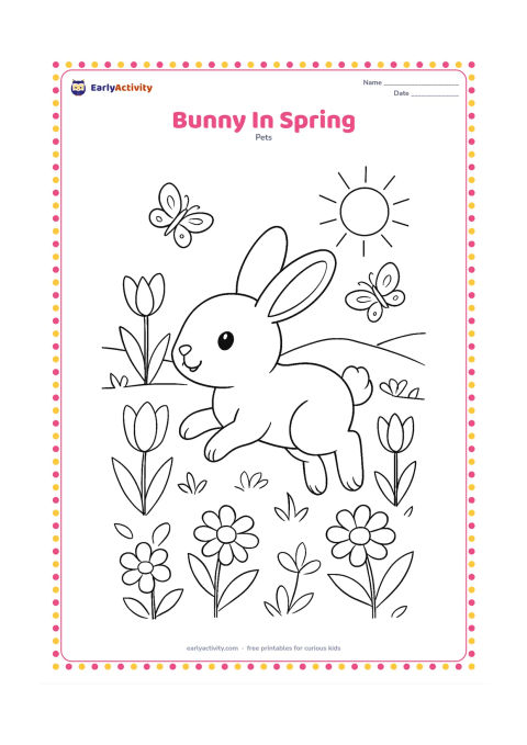 Colouring page: Draw a bunny hopping through a spring meadow filled with tulips, daisies, young leaves, and a few butterflies. Include a distant low hill and a simple sun with open spaces between the…