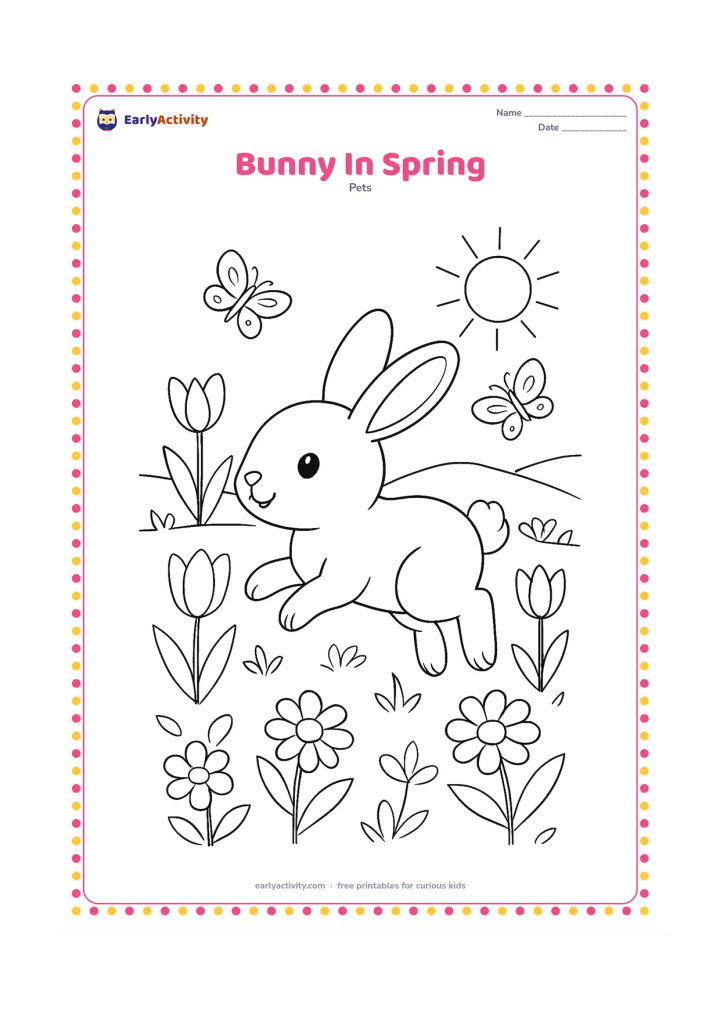 Colouring page: Draw a bunny hopping through a spring meadow filled with tulips, daisies, young leaves, and a few butterflies. Include a distant low hill and a simple sun with open spaces between the…