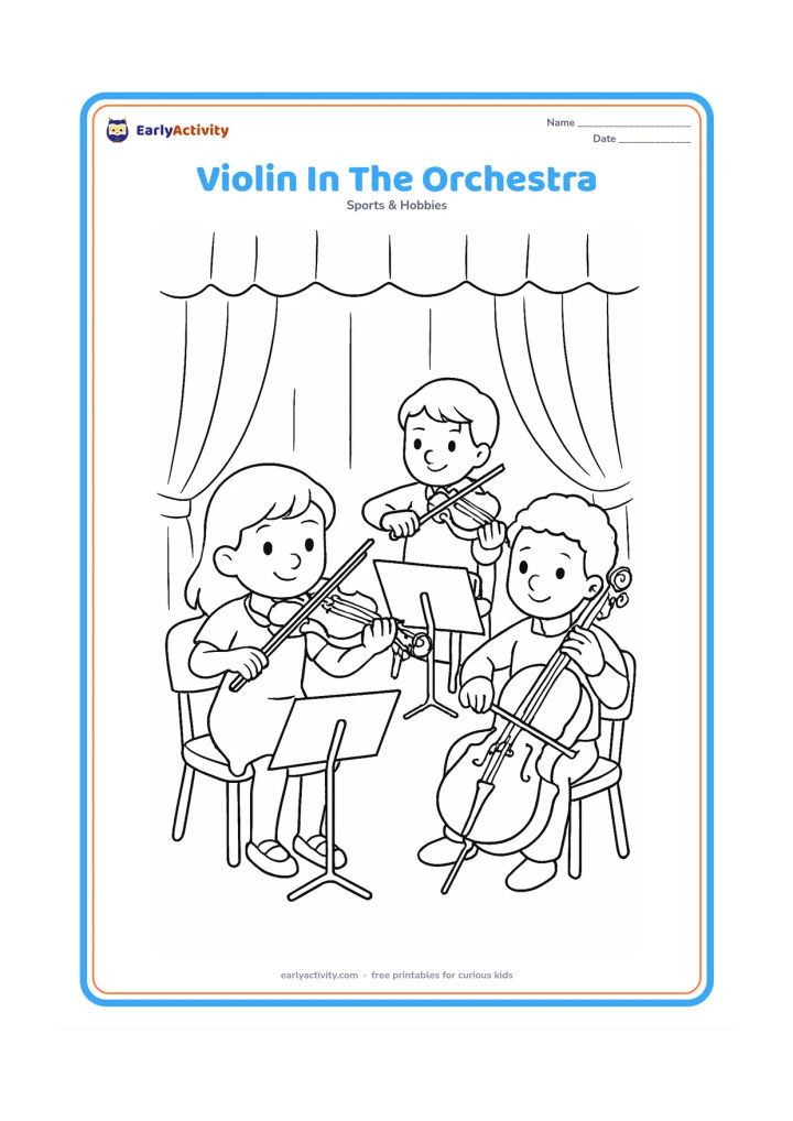 Colouring page: A young violinist plays while seated in a small orchestra, with a second violinist and a cellist nearby. Show music stands with blank pages, chairs and a stage curtain with no writing.
