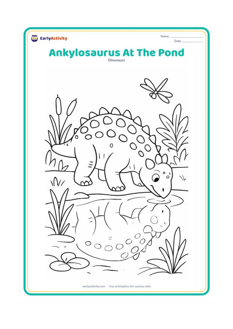 Colouring page: An Ankylosaurus drinks from a prehistoric pond, with its reflection lightly outlined in the water. Include reeds, lily-like leaves, a dragonfly and layered plants around the bank.