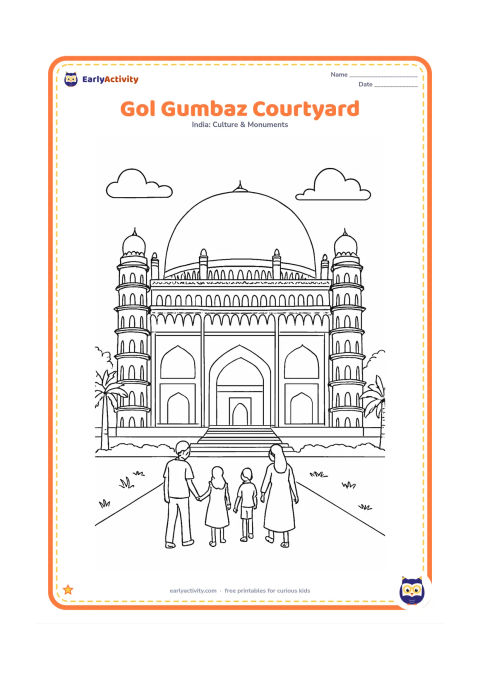 Colouring page: Show Gol Gumbaz in Bijapur with its enormous central dome, corner towers, arched galleries and broad entrance steps. A group of visitors crosses the lawn, with palm trees and a low…