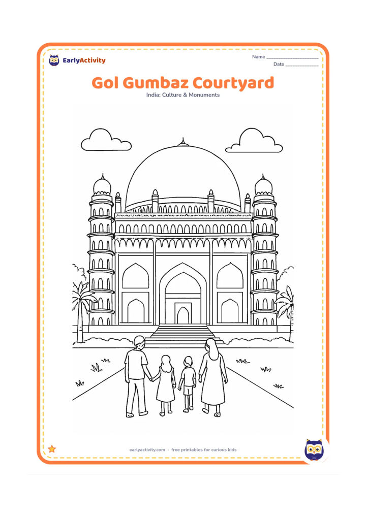 Colouring page: Show Gol Gumbaz in Bijapur with its enormous central dome, corner towers, arched galleries and broad entrance steps. A group of visitors crosses the lawn, with palm trees and a low…