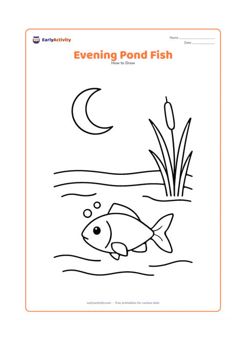 Worksheet: Show a fish swimming near the surface of a pond at evening, with a low crescent moon, two broad reeds, a few bubbles, and gentle curved water lines. The fish should have a clear body,…
