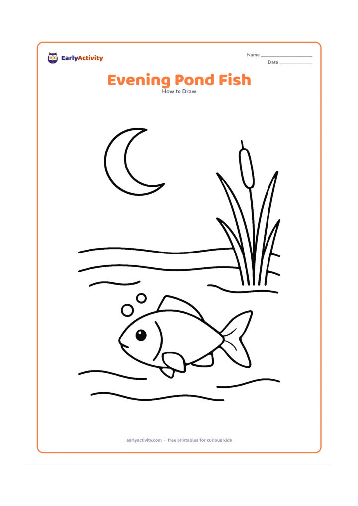 Worksheet: Show a fish swimming near the surface of a pond at evening, with a low crescent moon, two broad reeds, a few bubbles, and gentle curved water lines. The fish should have a clear body,…
