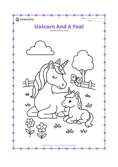 Colouring page: Draw a large unicorn resting beside a smaller unicorn foal in a grassy meadow. Add a butterfly, flowers, a low fence, and a rounded tree in the background.