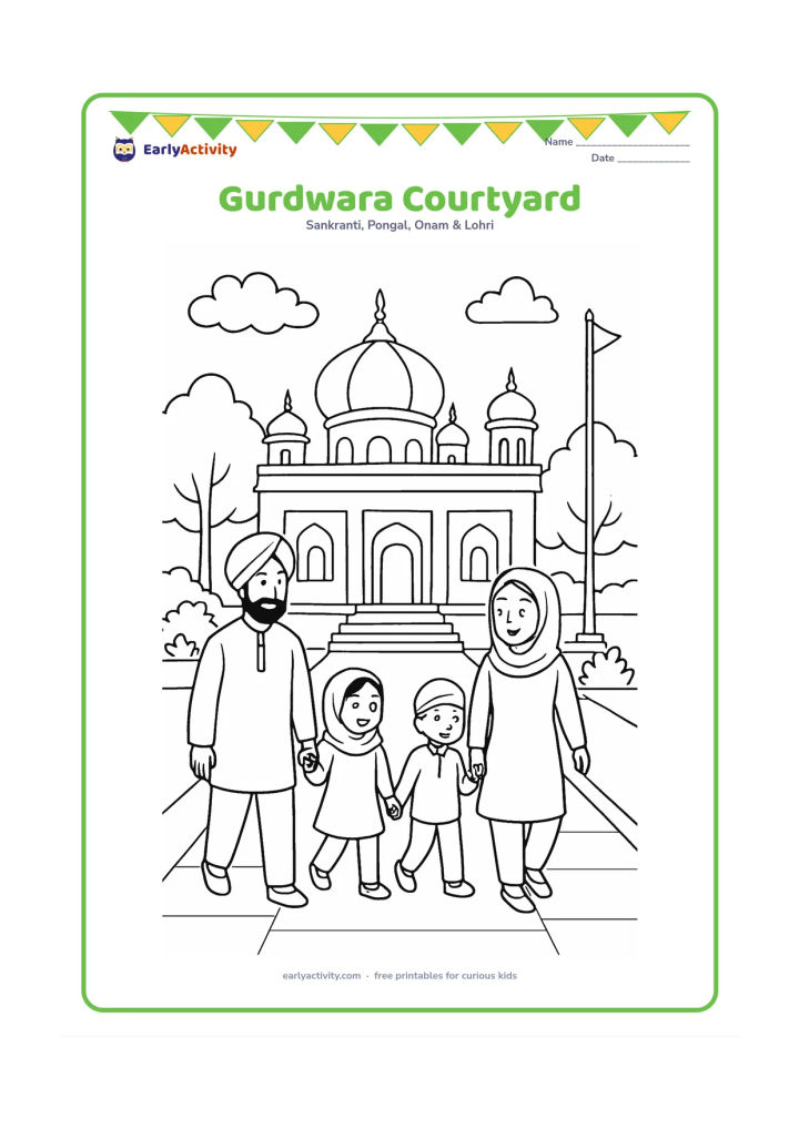 Colouring page: Families walk respectfully through the open courtyard of a gurdwara with a central dome, small side domes and a flagpole without any flag markings or writing. Add steps, potted plants,…