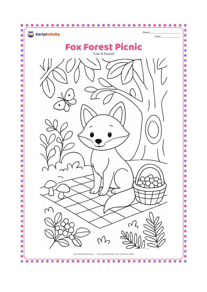 Colouring page: A friendly fox sits on a woodland picnic blanket beside a basket of berries, with mushrooms, ferns, a hollow tree and a butterfly around it. Add dappled leaves overhead without filling…