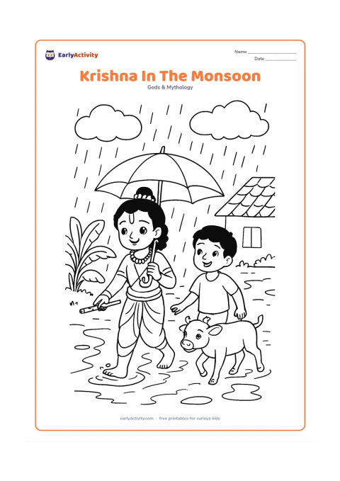 Colouring page: Draw Krishna walking with his flute beneath a large umbrella while a friend and a calf follow him along a wet village path. Add rain clouds, puddles, banana plants, and a simple house…