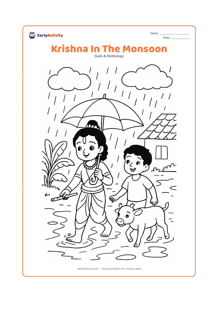Colouring page: Draw Krishna walking with his flute beneath a large umbrella while a friend and a calf follow him along a wet village path. Add rain clouds, puddles, banana plants, and a simple house…