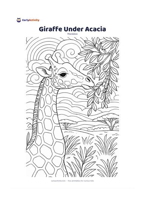 Colouring page: Show a giraffe bending its long neck toward leaves on an acacia branch at the centre. Build balanced rings from its patch shapes, acacia leaves, seed pods, grasses, clouds, and distant…