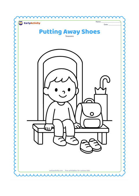 Colouring page: A young child sits on a bench and places shoes neatly beside a school bag before entering school. Include a simple doorway and a small umbrella stand.