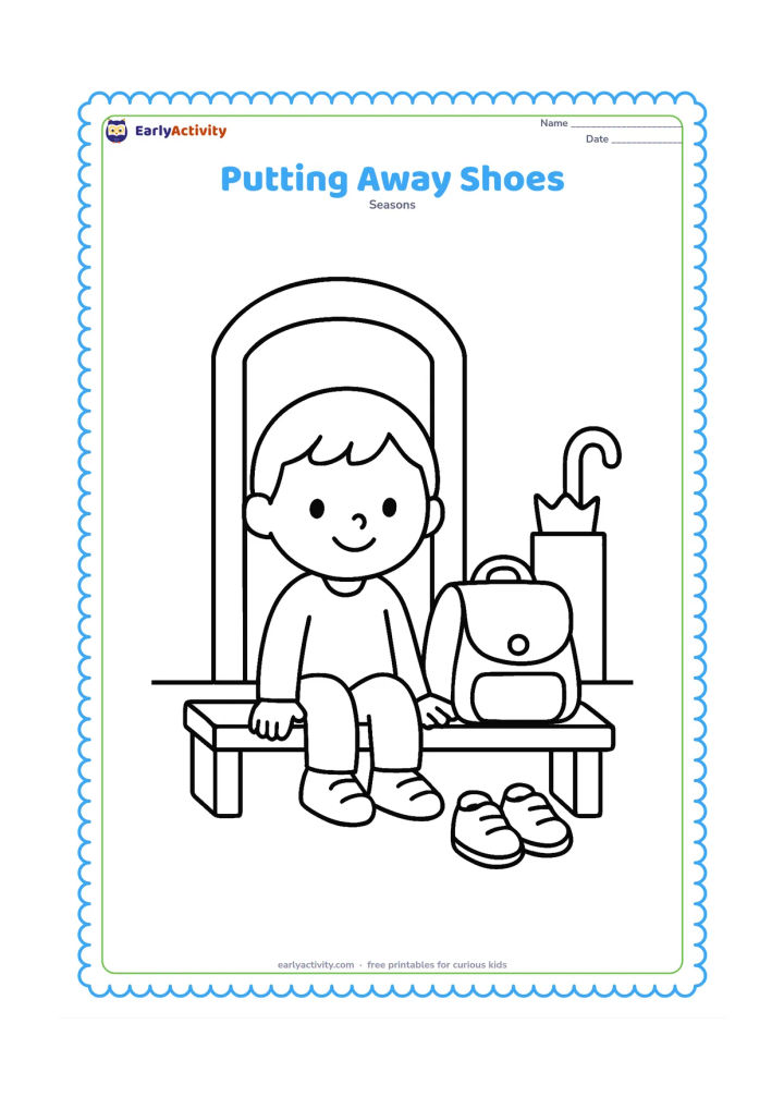 Colouring page: A young child sits on a bench and places shoes neatly beside a school bag before entering school. Include a simple doorway and a small umbrella stand.