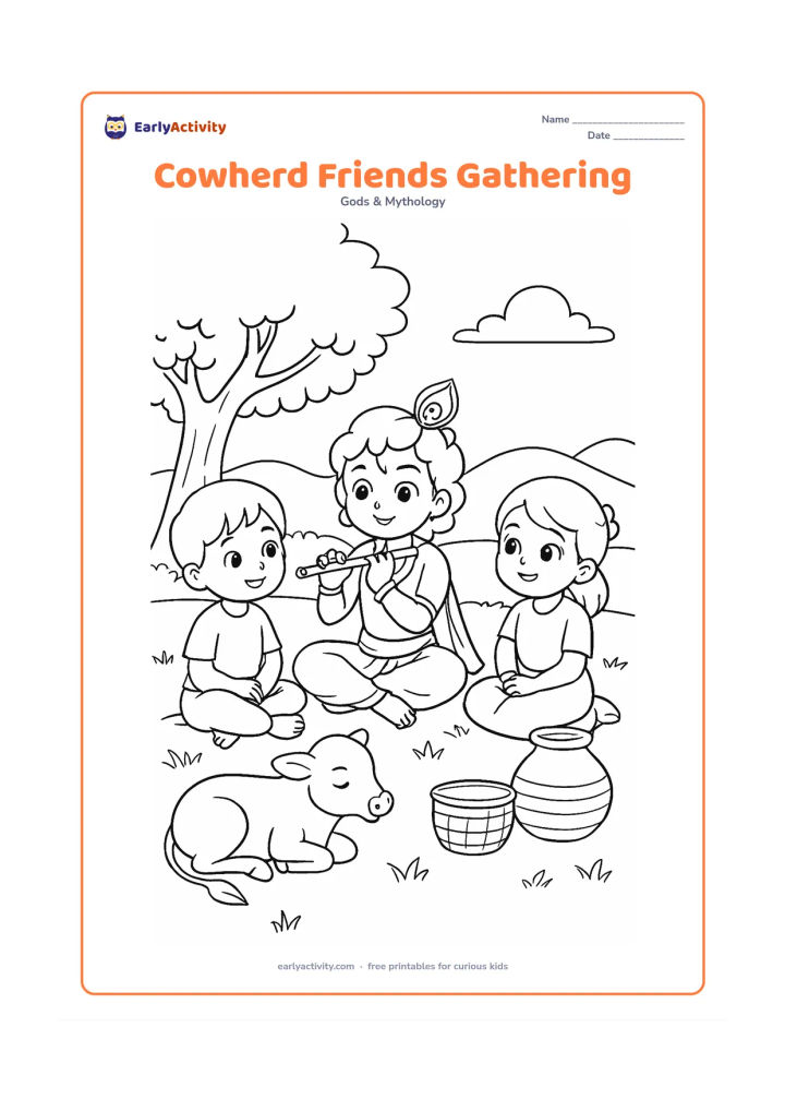 Colouring page: Draw Krishna and two child friends sitting in a grassy Vrindavan clearing, with Krishna holding his flute and a calf resting nearby. Add a tree, a water pot, and simple village baskets.