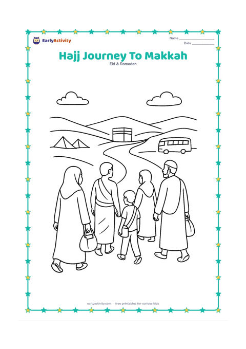 Colouring page: A diverse group of pilgrims travels together along a broad path toward distant Makkah, carrying small bags, with rolling hills, tents and a bus in the background. Show people from behind…