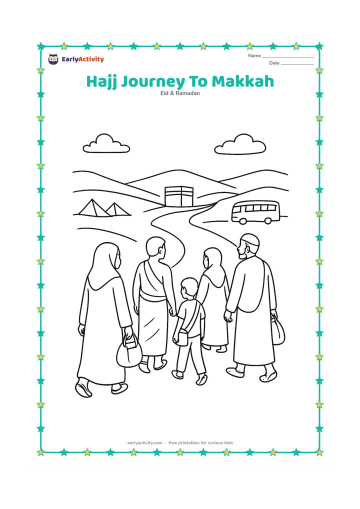 Colouring page: A diverse group of pilgrims travels together along a broad path toward distant Makkah, carrying small bags, with rolling hills, tents and a bus in the background. Show people from behind…