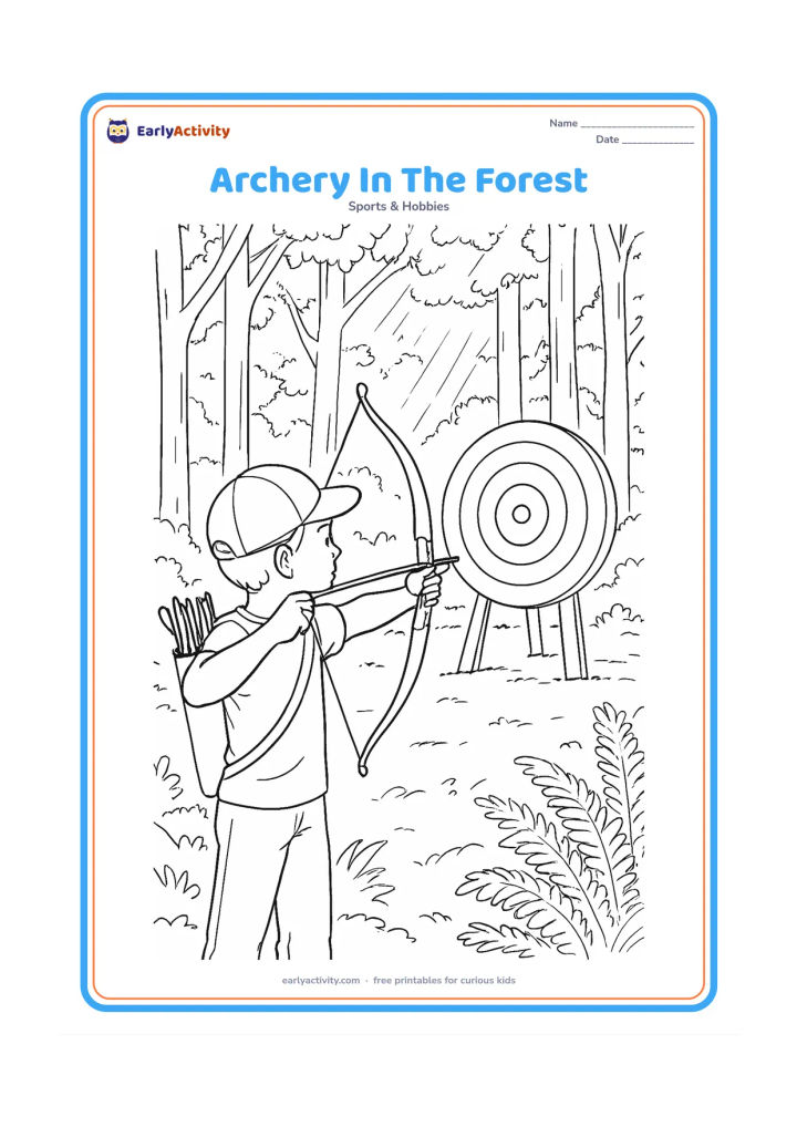 Colouring page: An athlete aims at a large round target in a forest clearing, with a quiver, bow stand, ferns, tall trees and dappled sunlight. Show the arrow aligned toward the target and several broad…