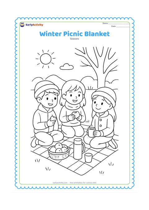 Colouring page: Three friends sit on a blanket in a sunny park wearing light winter layers, sharing fruit and a thermos. Include a leafless tree, a thermos cup, a small basket and distant hills.