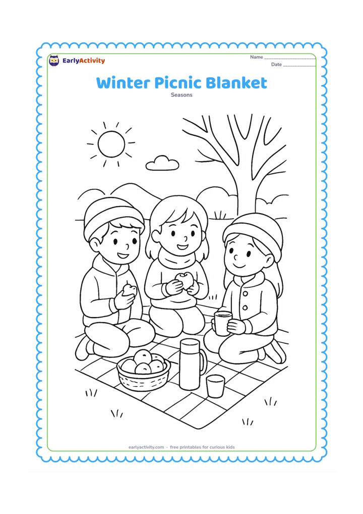Colouring page: Three friends sit on a blanket in a sunny park wearing light winter layers, sharing fruit and a thermos. Include a leafless tree, a thermos cup, a small basket and distant hills.