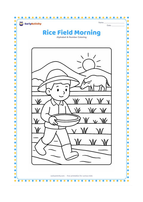 Colouring page: Draw a farmer wearing a broad hat walking through a rice field at morning, carrying a shallow basket, with rows of rice plants, a water buffalo in the distance and a rising sun. Show the…