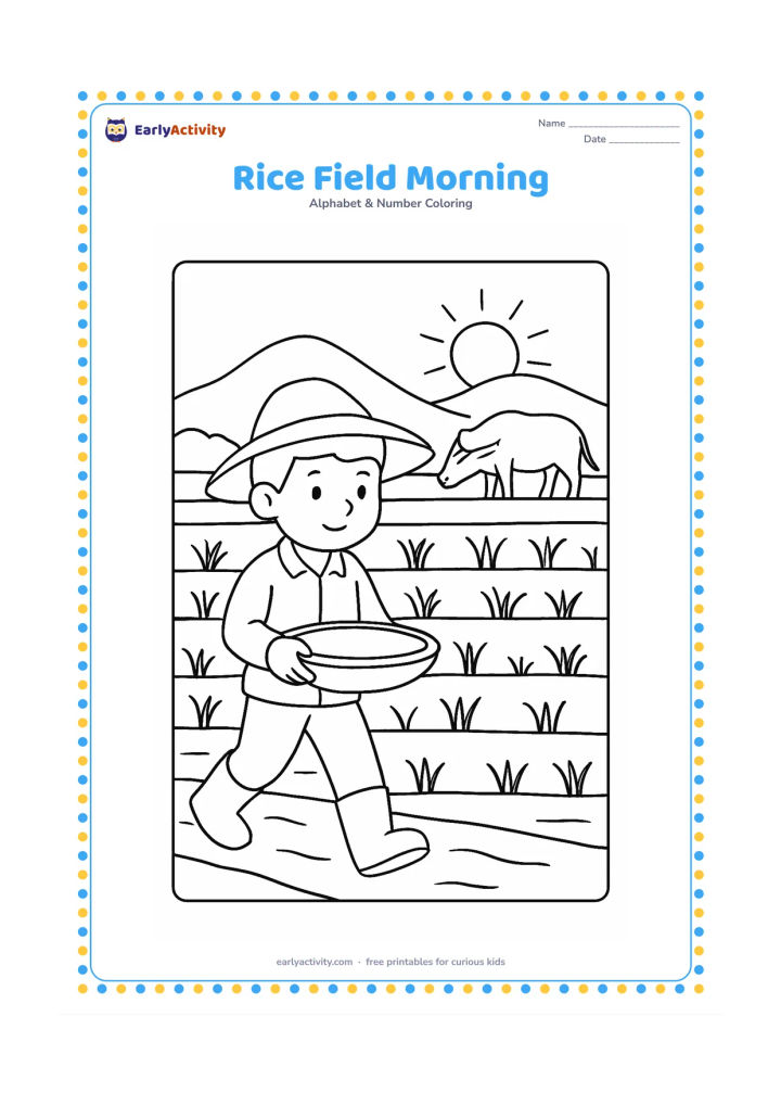 Colouring page: Draw a farmer wearing a broad hat walking through a rice field at morning, carrying a shallow basket, with rows of rice plants, a water buffalo in the distance and a rising sun. Show the…