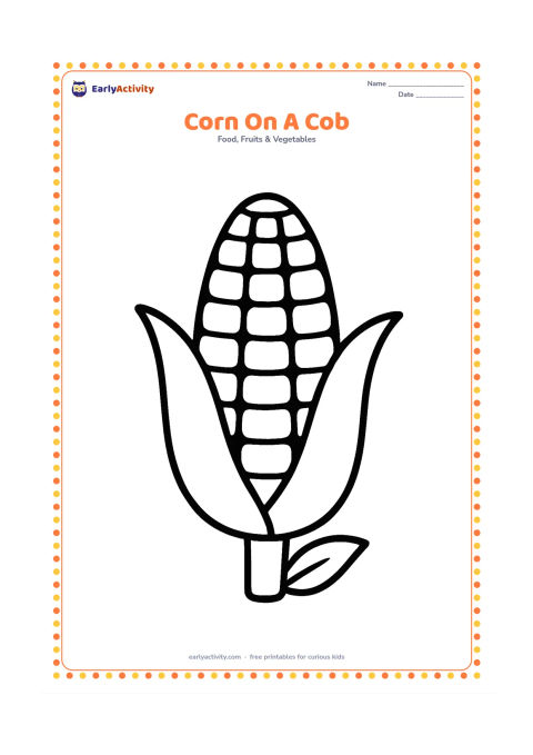 Colouring page: Draw one large ear of corn with broad husk leaves pulled partly aside so several big kernels are visible. Add a small leaf beneath it.