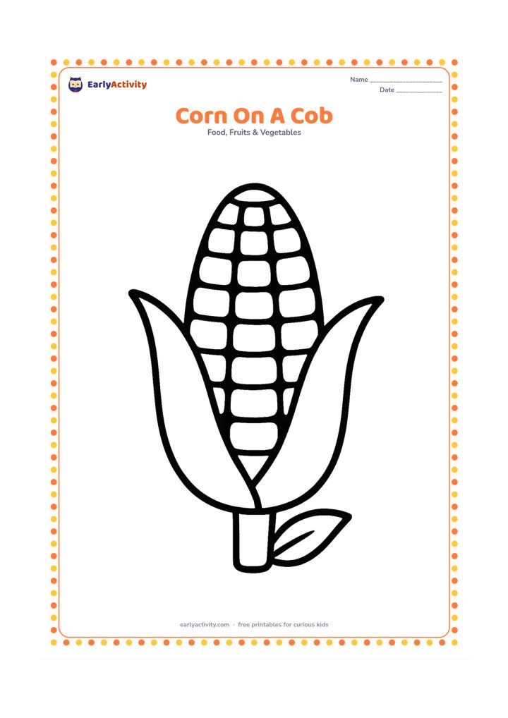 Colouring page: Draw one large ear of corn with broad husk leaves pulled partly aside so several big kernels are visible. Add a small leaf beneath it.