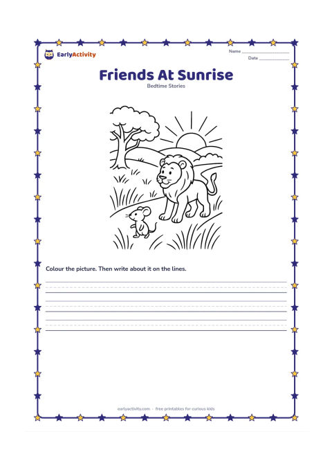 Printable: The lion and mouse walk together toward a golden sunrise over a forest path, with the mouse slightly ahead and the lion following protectively. Include long grass, a banyan silhouette…