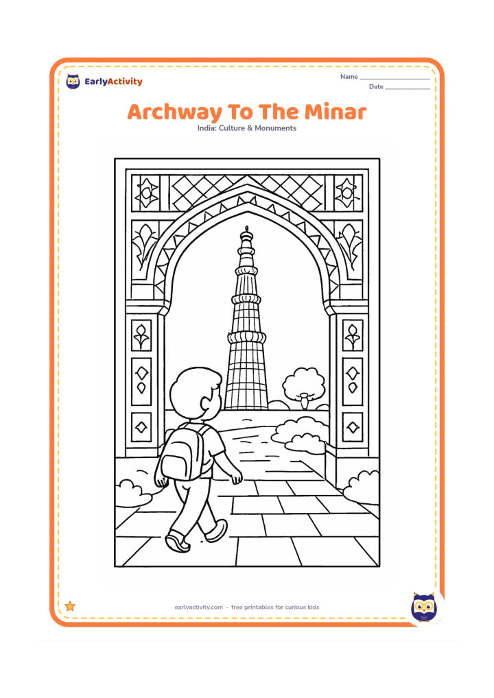 Colouring page: Draw a visitor walking through a large decorated courtyard arch toward Qutub Minar. Frame the tower in the arch opening and add paving stones, shrubs, and a distant tree.