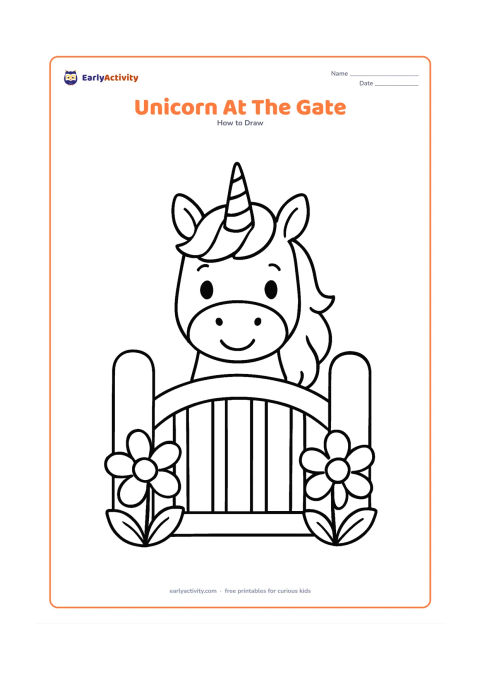 Worksheet: A simple unicorn peeking over a low garden gate, showing its head, ears, horn and fluffy mane. Include two large fence posts, one curved gate rail and a few oversized flowers.