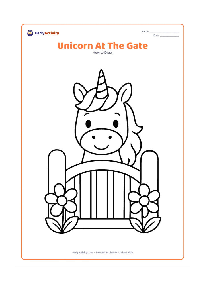 Worksheet: A simple unicorn peeking over a low garden gate, showing its head, ears, horn and fluffy mane. Include two large fence posts, one curved gate rail and a few oversized flowers.