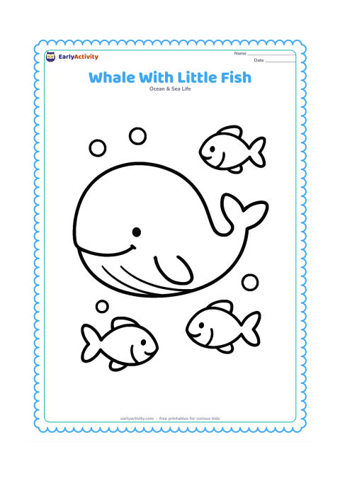 Colouring page: Show a large side-view whale surrounded by three oversized friendly fish and a few simple bubbles. Use a mostly open ocean background.