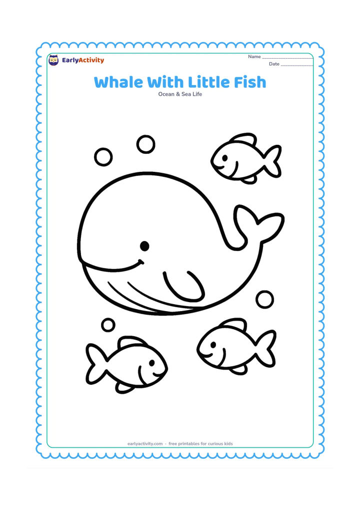 Colouring page: Show a large side-view whale surrounded by three oversized friendly fish and a few simple bubbles. Use a mostly open ocean background.
