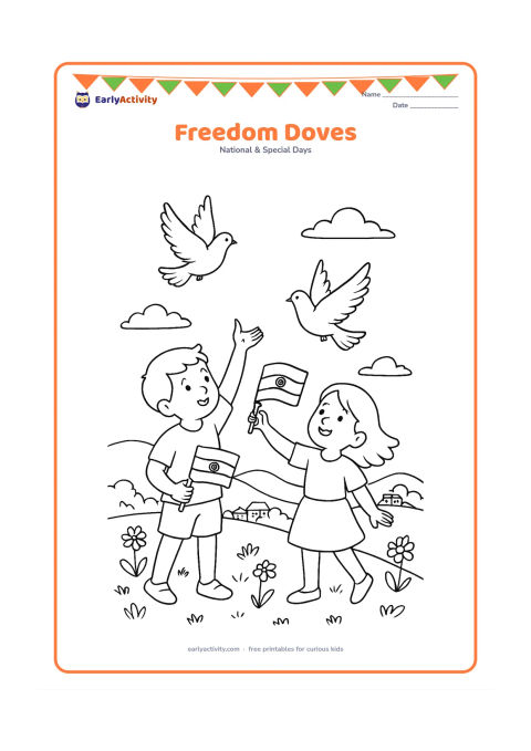 Colouring page: Draw two children releasing white doves into the sky while holding small Indian flags. Place them on a hilltop with wildflowers, a distant village and soft clouds below.