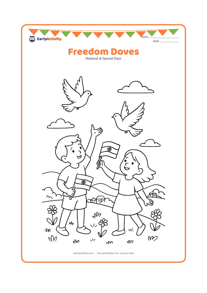 Colouring page: Draw two children releasing white doves into the sky while holding small Indian flags. Place them on a hilltop with wildflowers, a distant village and soft clouds below.