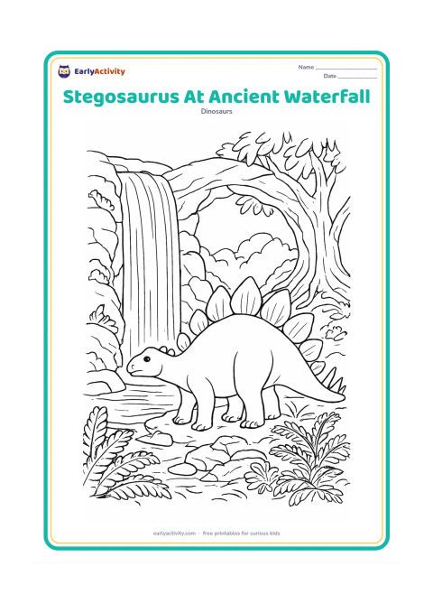 Colouring page: Draw a stegosaurus standing beside a broad waterfall flowing into a pool, surrounded by ferns, mossy rocks, tree roots, and a natural stone arch. The dinosaur should face the water with…