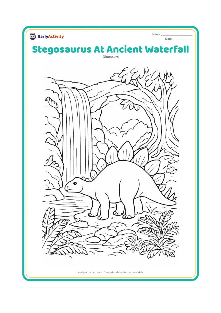 Colouring page: Draw a stegosaurus standing beside a broad waterfall flowing into a pool, surrounded by ferns, mossy rocks, tree roots, and a natural stone arch. The dinosaur should face the water with…