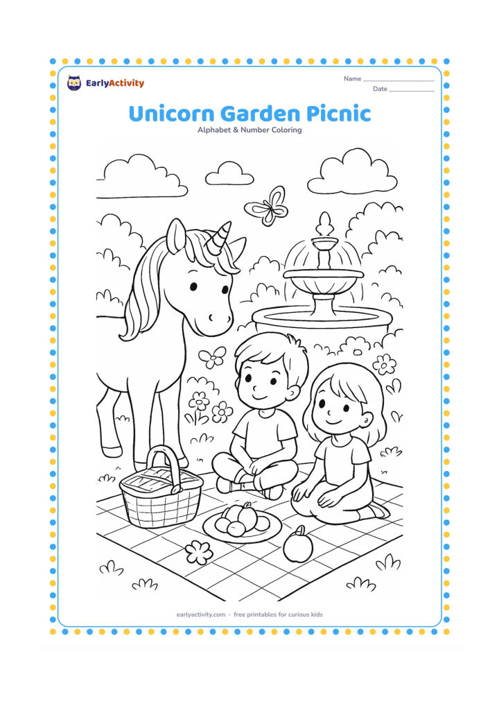 Colouring page: Draw a friendly unicorn beside children having a picnic in a flower garden. Include a picnic cloth, basket, fruit, butterflies, a fountain and leafy bushes.