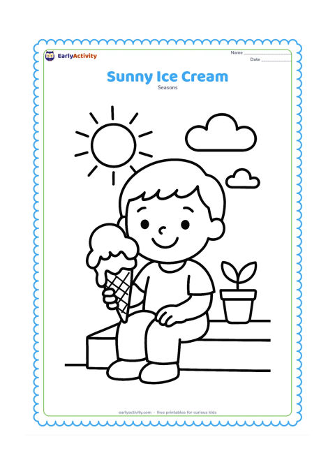 Colouring page: A smiling child sits on a low step and holds a large melting ice-cream cone, with a big sun, two clouds and a small potted plant behind them.