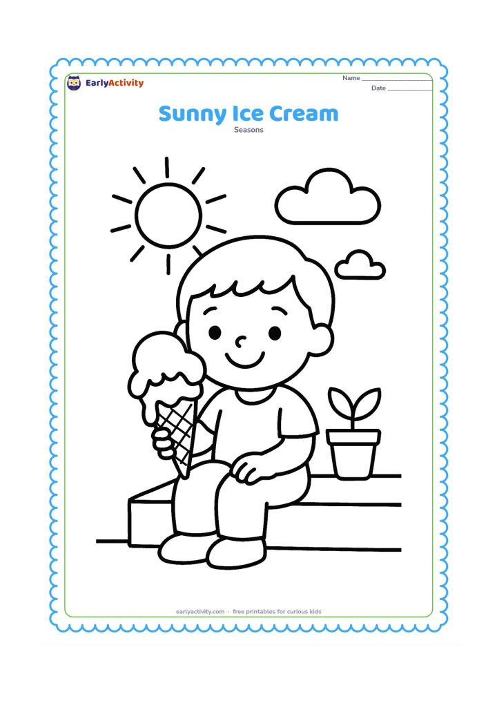 Colouring page: A smiling child sits on a low step and holds a large melting ice-cream cone, with a big sun, two clouds and a small potted plant behind them.