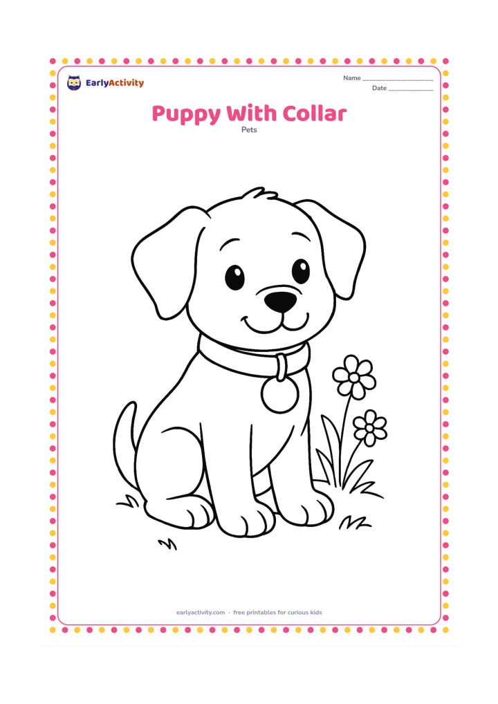 Colouring page: Draw a seated puppy in three-quarter view wearing a wide collar with a blank round tag. Add a small patch of grass and two simple flowers behind it.