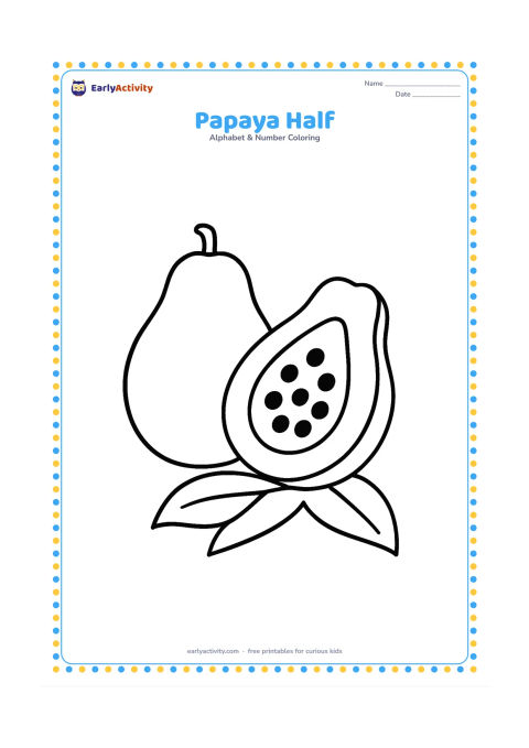 Colouring page: Draw a whole papaya beside a large cut-open half showing a simple seed-filled centre. Add one broad leaf underneath the fruit.