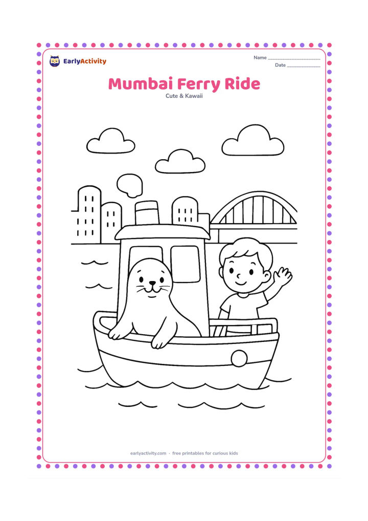 Colouring page: A friendly seal sits in a small passenger ferry with a child waving from the deck, while rounded city buildings and a distant arched bridge appear across the water. Add simple waves and…