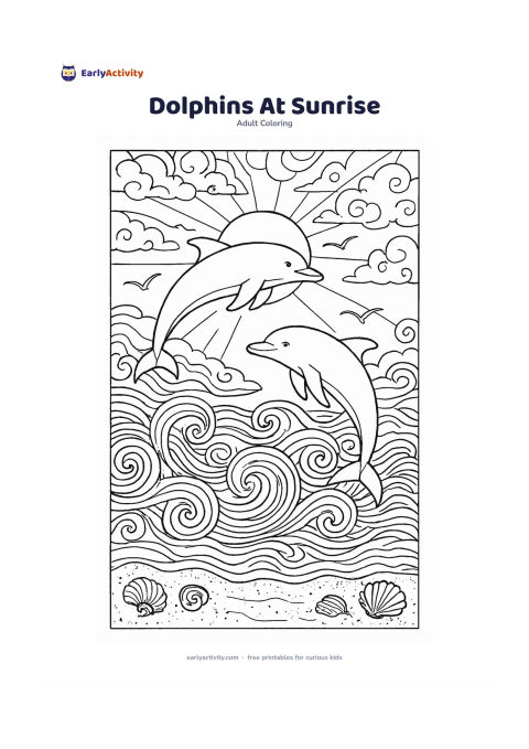 Colouring page: Draw two dolphins leaping above gentle ocean waves at sunrise, one higher than the other. Include curling wave patterns, distant seabirds, clouds, seashells along a small shoreline and a…