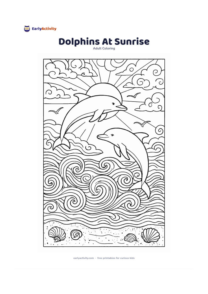 Colouring page: Draw two dolphins leaping above gentle ocean waves at sunrise, one higher than the other. Include curling wave patterns, distant seabirds, clouds, seashells along a small shoreline and a…