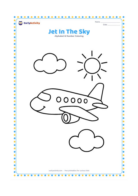 Colouring page: Draw a friendly-looking passenger jet flying across the page with two large puffy clouds and a simple sun behind it. Show the aircraft in side view.