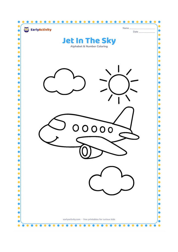 Colouring page: Draw a friendly-looking passenger jet flying across the page with two large puffy clouds and a simple sun behind it. Show the aircraft in side view.