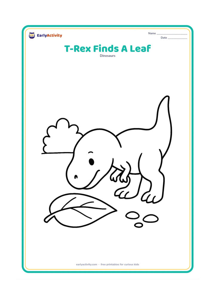 Colouring page: A T-Rex bends its head toward a large fallen leaf on the ground as if looking for food, with its tail lifted slightly behind. Add one bush and a few simple pebbles.