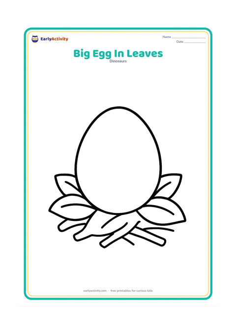 Colouring page: A single large, round dinosaur egg rests in a simple leafy nest. Add three broad leaves and a few smooth nest twigs around it, with plenty of open space.