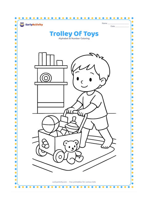 Colouring page: Draw a child pushing a small toy trolley filled with a ball, blocks, a spinning top, and a soft animal toy through a home playroom. Add a shelf and rug in the background without any…